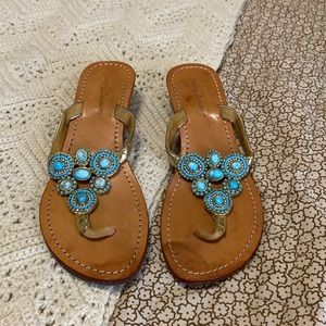 Tommy Bahama Turquoise and Gold Gem Wedged Sandal — Women’s 7